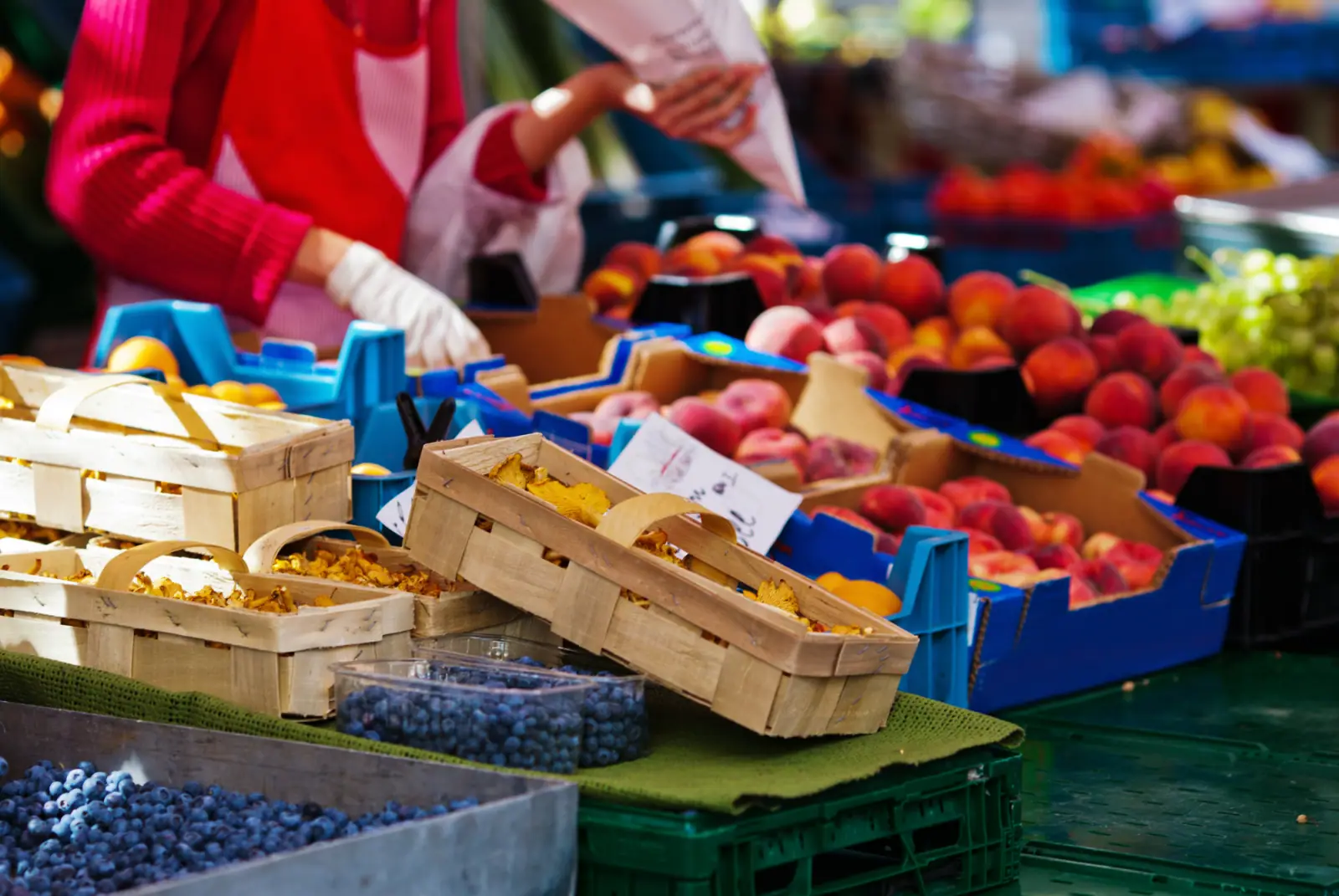 Frisches Obst, Beeren und Pfifferlinge an einem Marktstand, an dem eine Person in Handschuhen eine Tüte befüllt