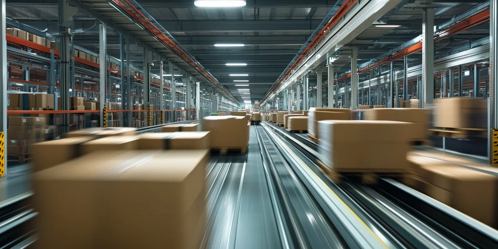 Verschwommene Versandpakete auf automatisierten Förderbändern in einem modernen Logistikzentrum