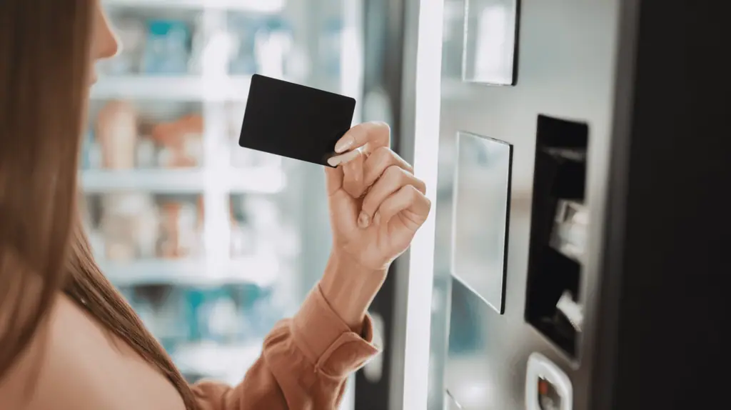 Eine Frau hält eine schwarze Karte an den Kartenleser eines modernen Verkaufsautomaten mit Display