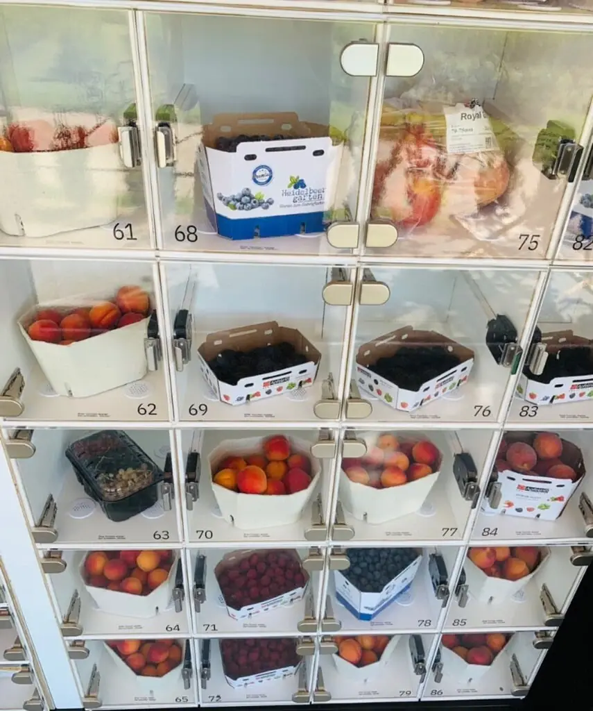 Marktbox mit nummerierten Fächern, gefüllt mit frischem Obst wie Pfirsichen und verschiedenen Beeren