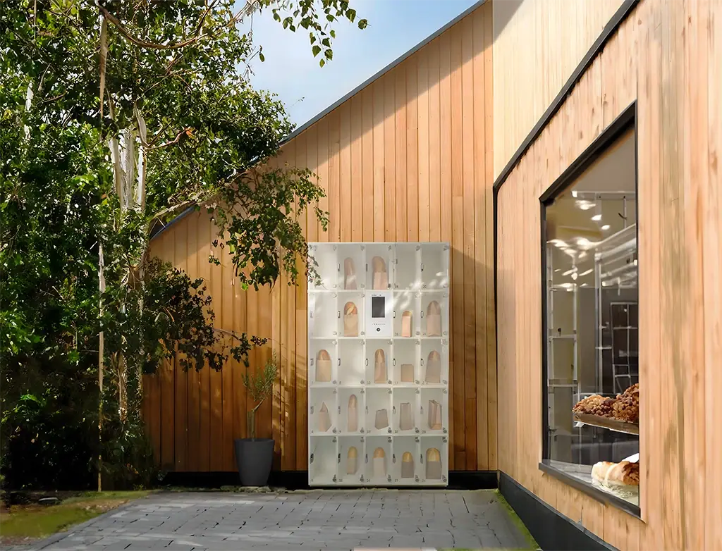 Weiße marktbox mit Brot und Backwaren vor einer modernen Holzfassade im Freien