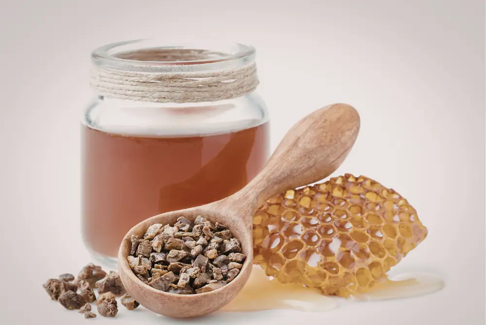 Honigglas, ein Stück Bienenwabe und ein Holzlöffel mit Propolis-Stückchen auf hellem Hintergrund