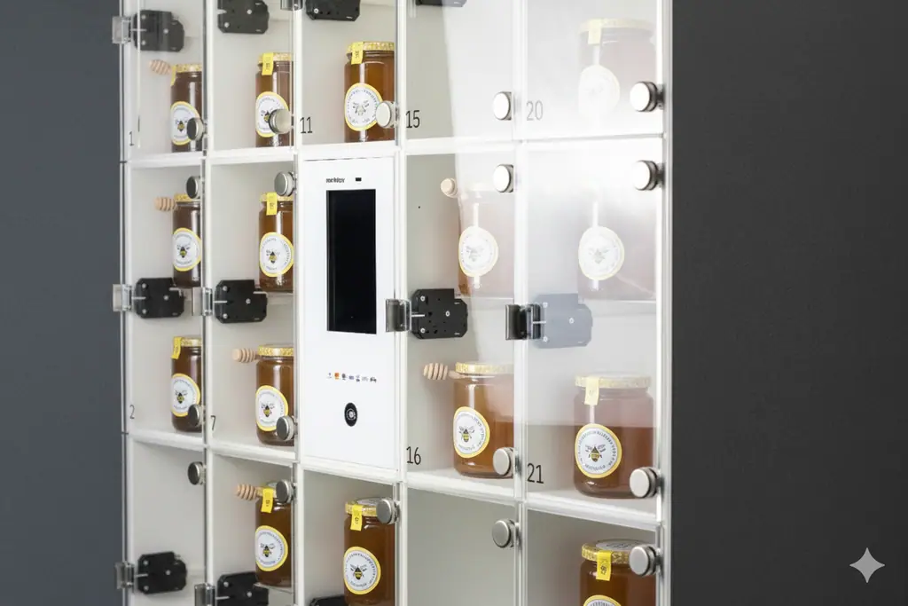 Marktbox-Automat mit nummerierten Fächern voller Honiggläser und einem zentralen digitalen Touchscreen