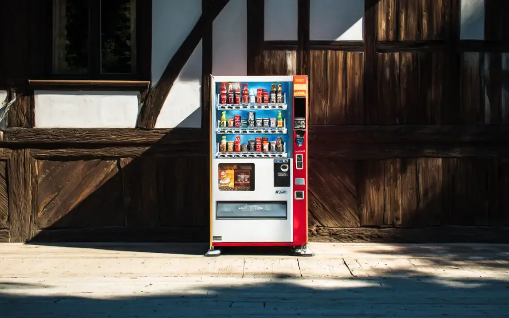 Ein hell beleuchteter Getränkeautomat vor einer rustikalen dunklen Holzwand im Sonnenlicht