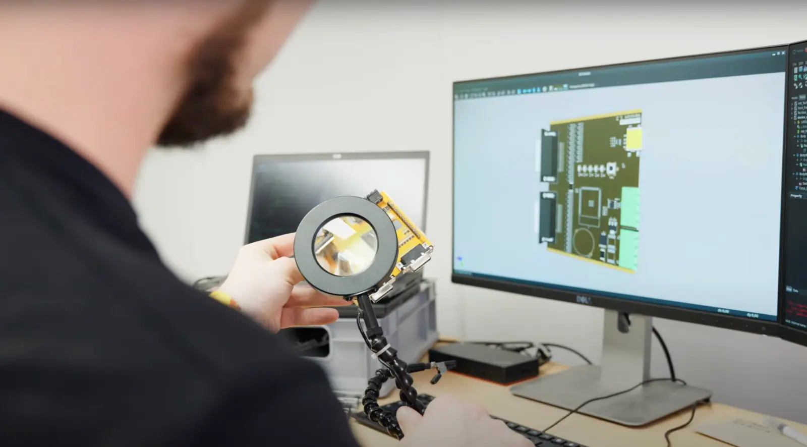 Techniker prüft eine Leiterplatte unter einer Lupe vor einem Monitor mit digitalem 3D-CAD-Modell