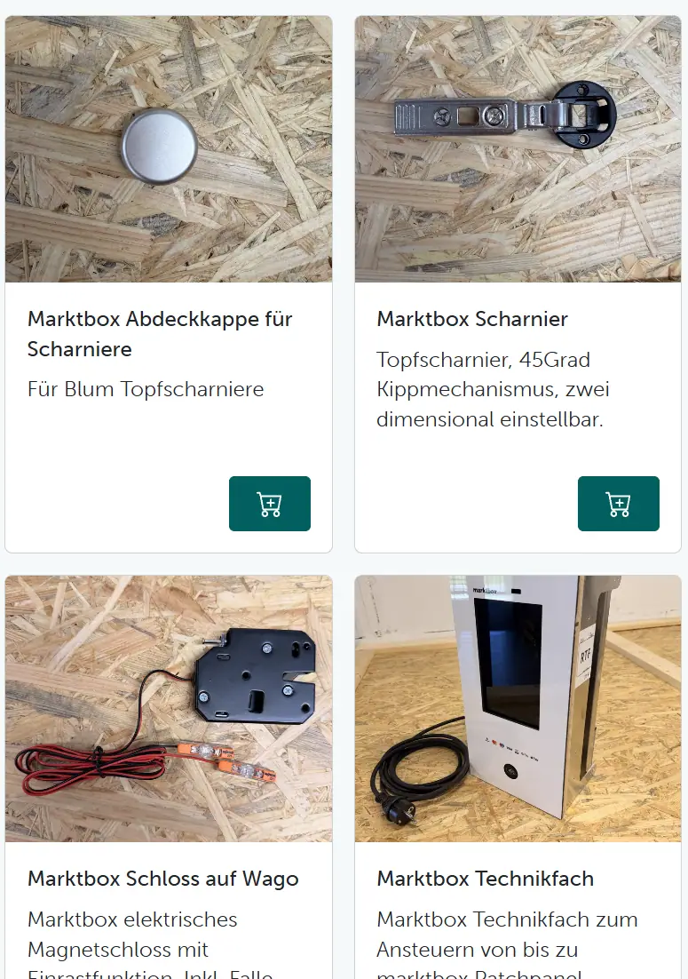 Vier Kacheln zeigen Scharniere, eine Abdeckkappe, ein Magnetschloss und das Technikfach für marktbox Systeme