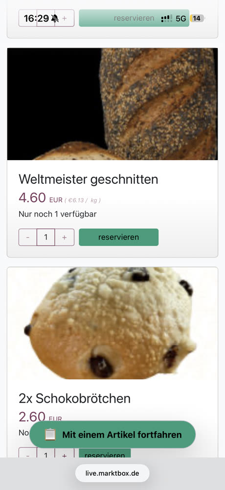 Sortiment der marktbox im Browser: Produkte mit Preis und Verfügbarkeit auswählen