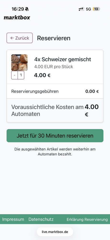 Reservierung am Handy: Artikel, Gebühr und voraussichtliche Kosten am Automaten auf einen Blick