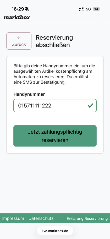 Reservierung mit der Handynummer abschließen